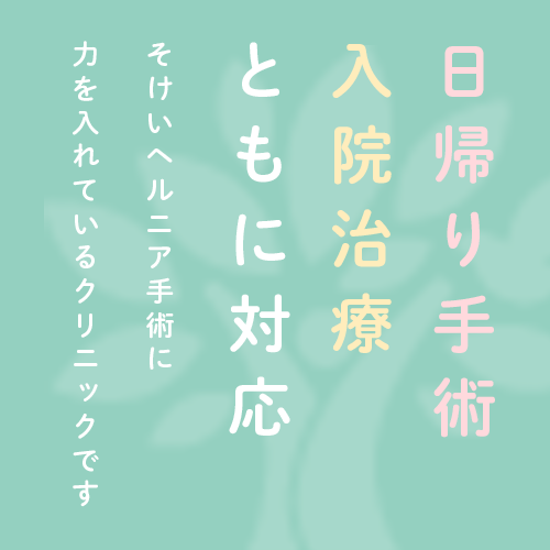 日帰り手術、入院治療ともに対応。そけいヘルニア手術に力を入れているクリニックです